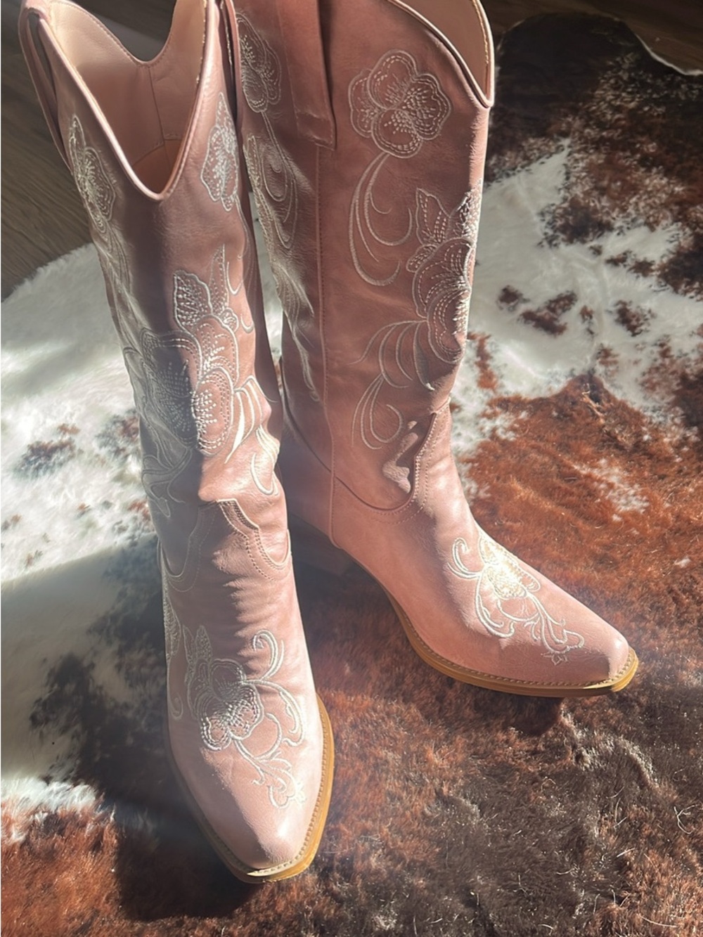 Pink Embroidered Western Knee-High Boots